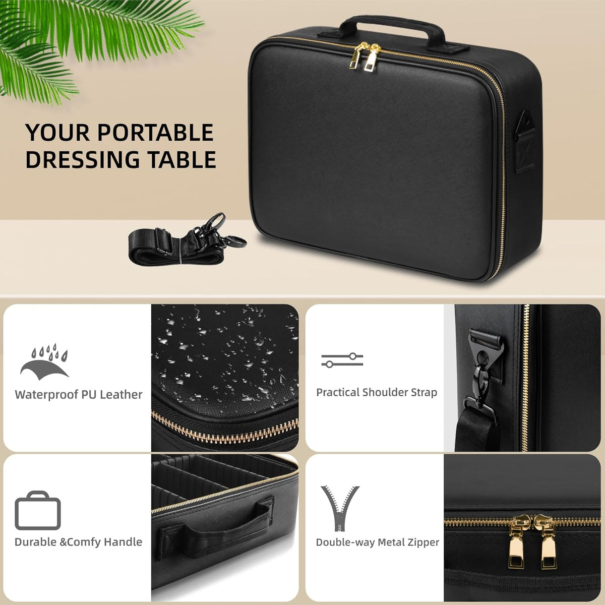 Upgraded Large Travel Makeup Bag with LED Mirror, 15” Makeup Case | With 3 Color Modes Dimming Lighted Mirror, Light up Cosmetic Make up Organizer, PU Leather Cover, Adjustable Dividers