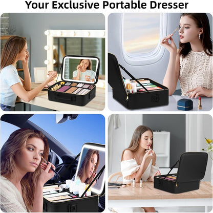 Upgraded Large Travel Makeup Bag with LED Mirror, 15” Makeup Case | With 3 Color Modes Dimming Lighted Mirror, Light up Cosmetic Make up Organizer, PU Leather Cover, Adjustable Dividers