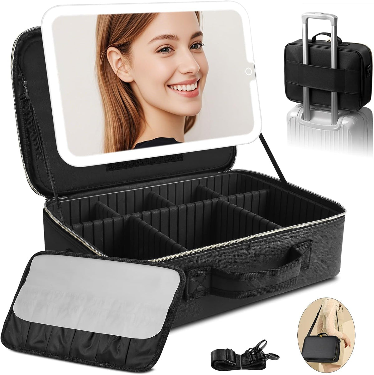 Upgraded Large Travel Makeup Bag with LED Mirror, 15” Makeup Case | With 3 Color Modes Dimming Lighted Mirror, Light up Cosmetic Make up Organizer, PU Leather Cover, Adjustable Dividers