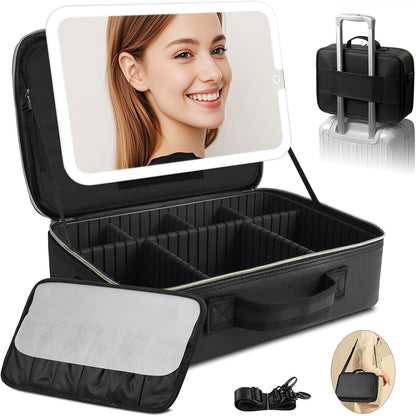 Upgraded Large Travel Makeup Bag with LED Mirror, 15” Makeup Case | With 3 Color Modes Dimming Lighted Mirror, Light up Cosmetic Make up Organizer, PU Leather Cover, Adjustable Dividers