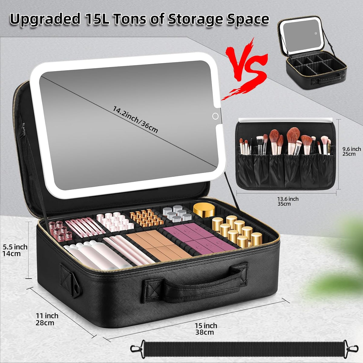 Upgraded Large Travel Makeup Bag with LED Mirror, 15” Makeup Case | With 3 Color Modes Dimming Lighted Mirror, Light up Cosmetic Make up Organizer, PU Leather Cover, Adjustable Dividers