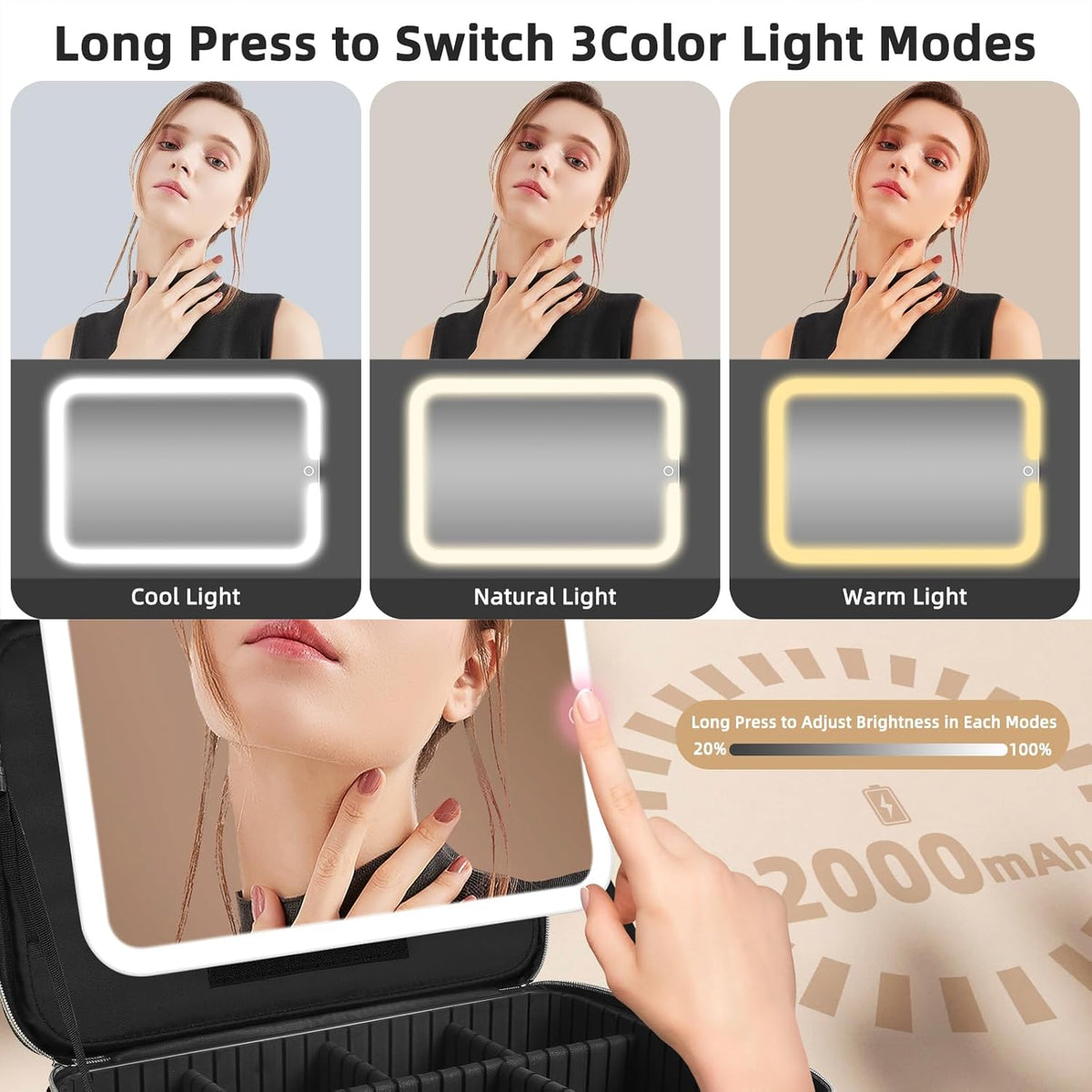 Upgraded Large Travel Makeup Bag with LED Mirror, 15” Makeup Case | With 3 Color Modes Dimming Lighted Mirror, Light up Cosmetic Make up Organizer, PU Leather Cover, Adjustable Dividers
