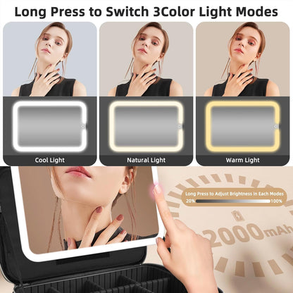 Upgraded Large Travel Makeup Bag with LED Mirror, 15” Makeup Case | With 3 Color Modes Dimming Lighted Mirror, Light up Cosmetic Make up Organizer, PU Leather Cover, Adjustable Dividers