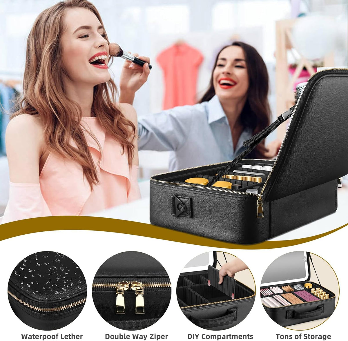 Upgraded Large Travel Makeup Bag with LED Mirror, 15” Makeup Case | With 3 Color Modes Dimming Lighted Mirror, Light up Cosmetic Make up Organizer, PU Leather Cover, Adjustable Dividers