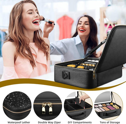 Upgraded Large Travel Makeup Bag with LED Mirror, 15” Makeup Case | With 3 Color Modes Dimming Lighted Mirror, Light up Cosmetic Make up Organizer, PU Leather Cover, Adjustable Dividers