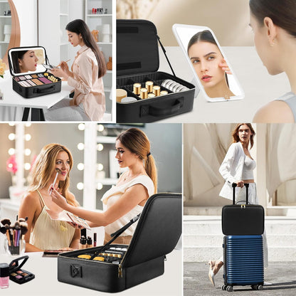 Upgraded Large Travel Makeup Bag with LED Mirror, 15” Makeup Case | With 3 Color Modes Dimming Lighted Mirror, Light up Cosmetic Make up Organizer, PU Leather Cover, Adjustable Dividers