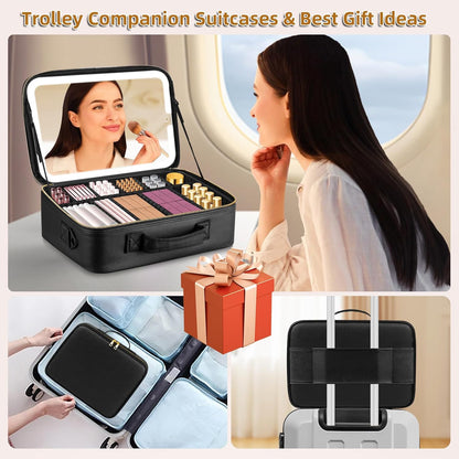 Upgraded Large Travel Makeup Bag with LED Mirror, 15” Makeup Case | With 3 Color Modes Dimming Lighted Mirror, Light up Cosmetic Make up Organizer, PU Leather Cover, Adjustable Dividers