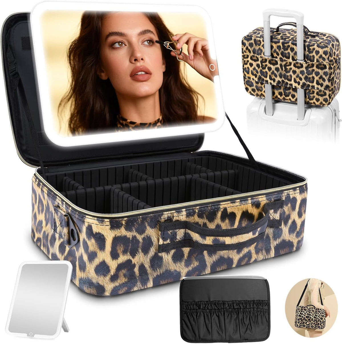 Upgraded Large Travel Makeup Bag with LED Mirror, 15” Makeup Case | With 3 Color Modes Dimming Lighted Mirror, Light up Cosmetic Make up Organizer, PU Leather Cover, Adjustable Dividers