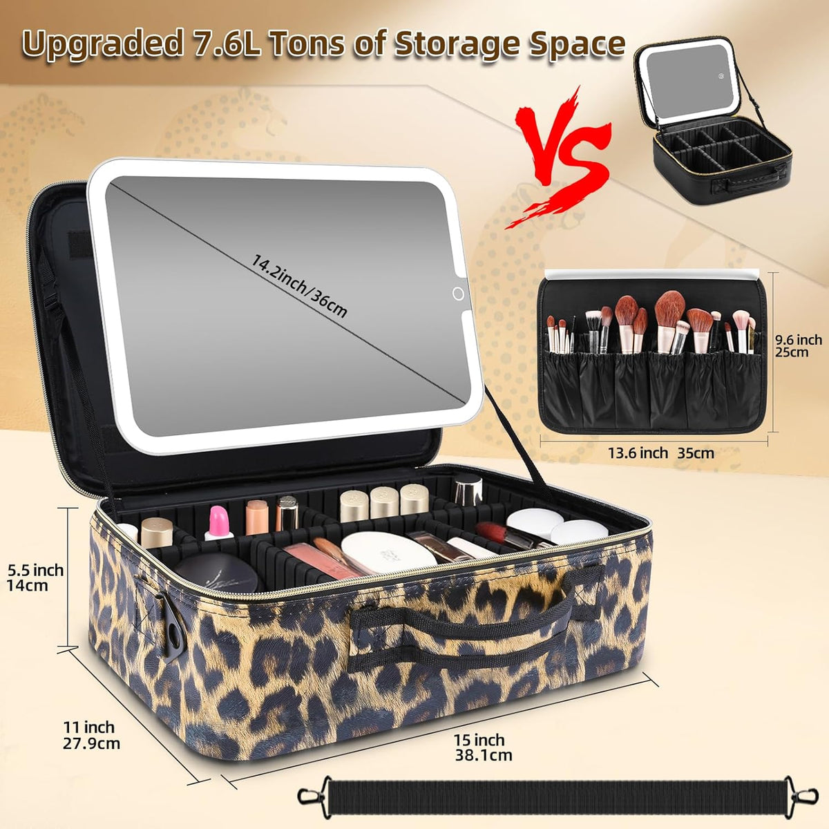 Upgraded Large Travel Makeup Bag with LED Mirror, 15” Makeup Case | With 3 Color Modes Dimming Lighted Mirror, Light up Cosmetic Make up Organizer, PU Leather Cover, Adjustable Dividers