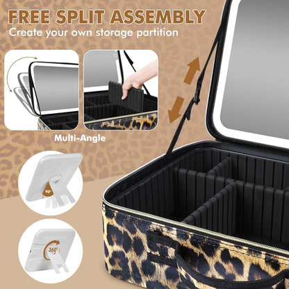 Upgraded Large Travel Makeup Bag with LED Mirror, 15” Makeup Case | With 3 Color Modes Dimming Lighted Mirror, Light up Cosmetic Make up Organizer, PU Leather Cover, Adjustable Dividers