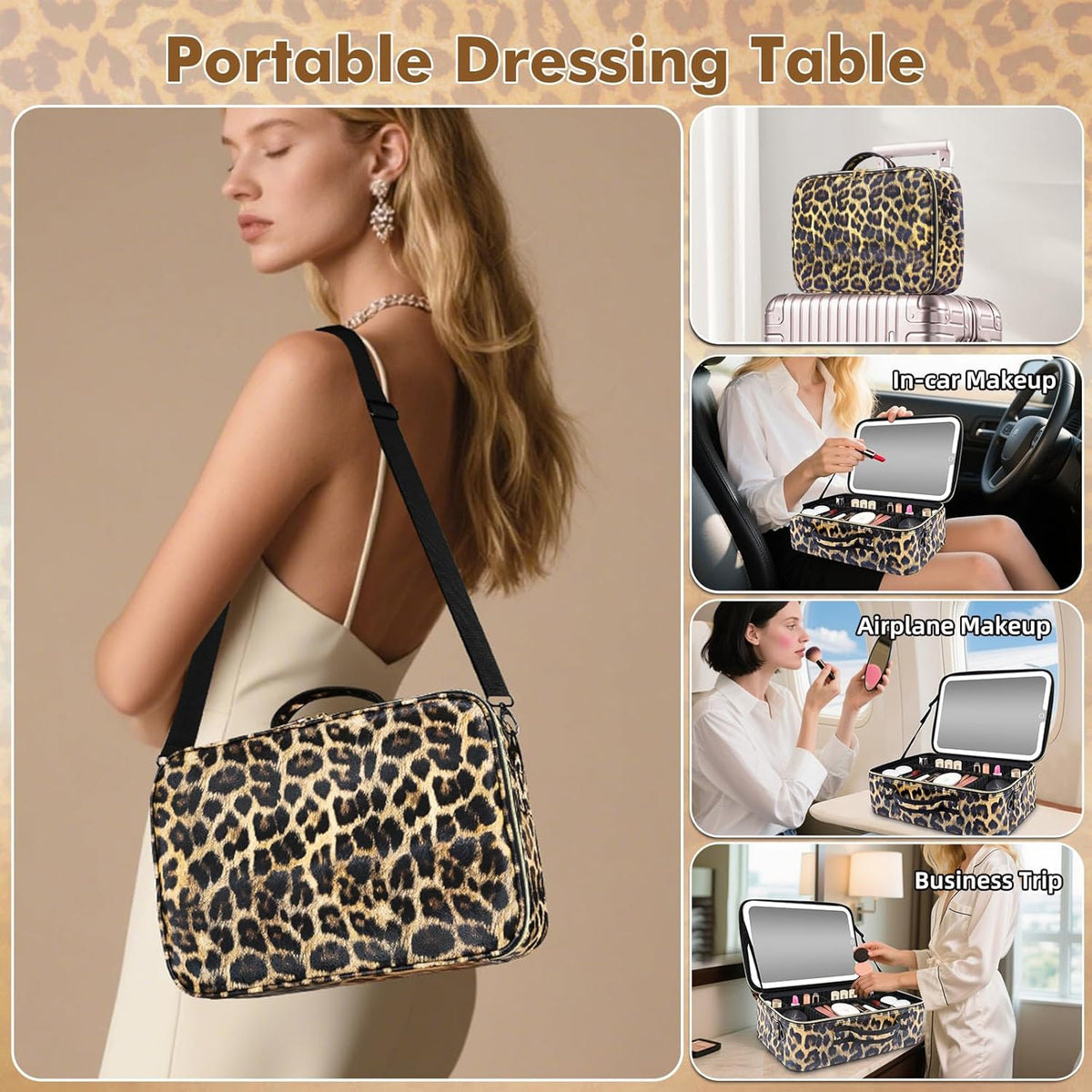 Upgraded Large Travel Makeup Bag with LED Mirror, 15” Makeup Case | With 3 Color Modes Dimming Lighted Mirror, Light up Cosmetic Make up Organizer, PU Leather Cover, Adjustable Dividers