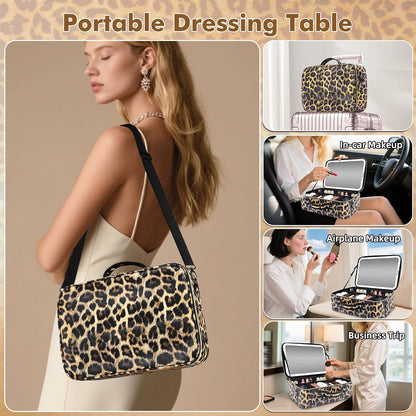 Upgraded Large Travel Makeup Bag with LED Mirror, 15” Makeup Case | With 3 Color Modes Dimming Lighted Mirror, Light up Cosmetic Make up Organizer, PU Leather Cover, Adjustable Dividers