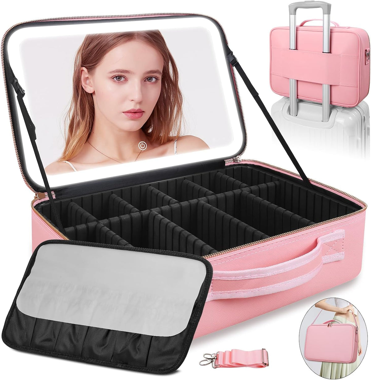 Upgraded Large Travel Makeup Bag with LED Mirror, 15” Makeup Case | With 3 Color Modes Dimming Lighted Mirror, Light up Cosmetic Make up Organizer, PU Leather Cover, Adjustable Dividers