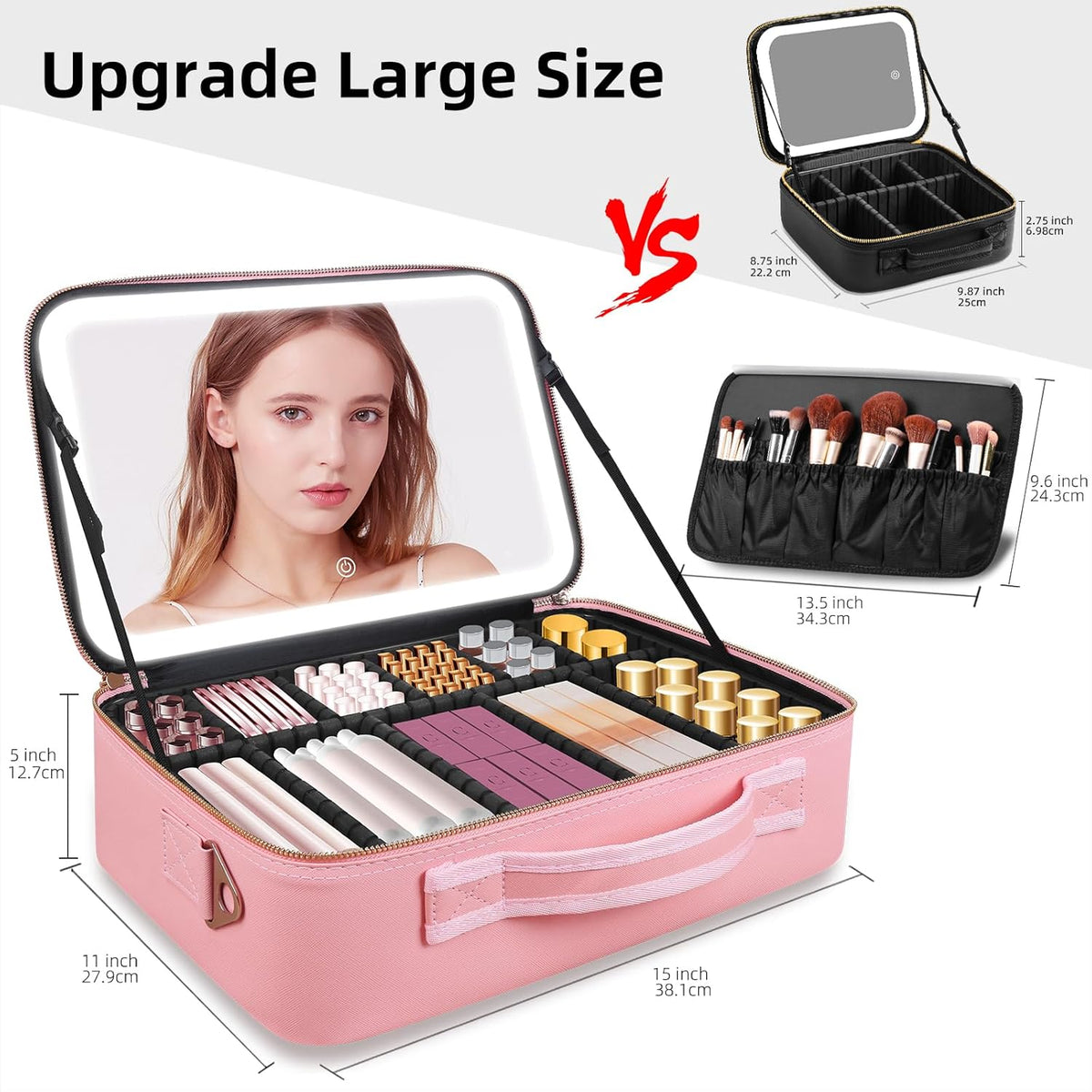 Upgraded Large Travel Makeup Bag with LED Mirror, 15” Makeup Case | With 3 Color Modes Dimming Lighted Mirror, Light up Cosmetic Make up Organizer, PU Leather Cover, Adjustable Dividers