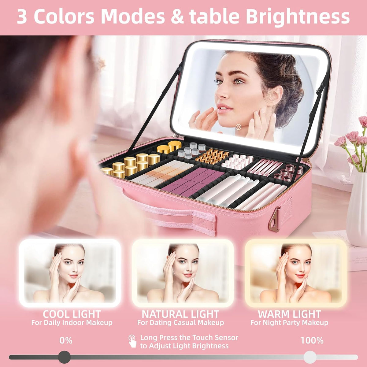 Upgraded Large Travel Makeup Bag with LED Mirror, 15” Makeup Case | With 3 Color Modes Dimming Lighted Mirror, Light up Cosmetic Make up Organizer, PU Leather Cover, Adjustable Dividers