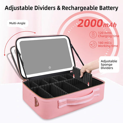 Upgraded Large Travel Makeup Bag with LED Mirror, 15” Makeup Case | With 3 Color Modes Dimming Lighted Mirror, Light up Cosmetic Make up Organizer, PU Leather Cover, Adjustable Dividers