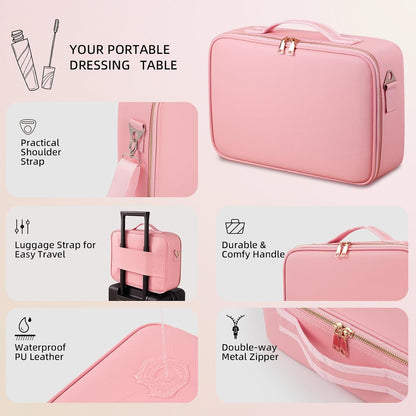 Upgraded Large Travel Makeup Bag with LED Mirror, 15” Makeup Case | With 3 Color Modes Dimming Lighted Mirror, Light up Cosmetic Make up Organizer, PU Leather Cover, Adjustable Dividers