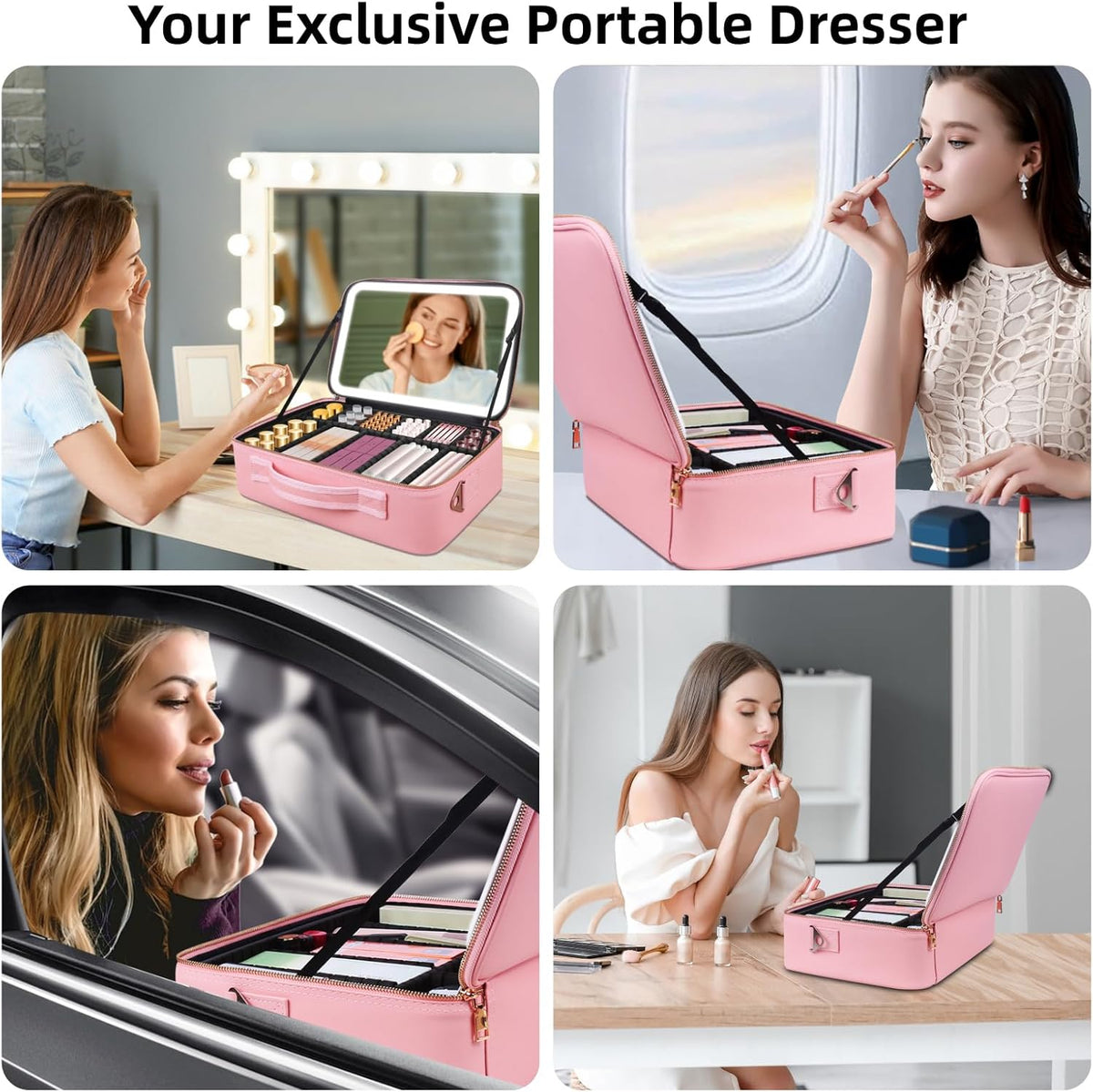 Upgraded Large Travel Makeup Bag with LED Mirror, 15” Makeup Case | With 3 Color Modes Dimming Lighted Mirror, Light up Cosmetic Make up Organizer, PU Leather Cover, Adjustable Dividers