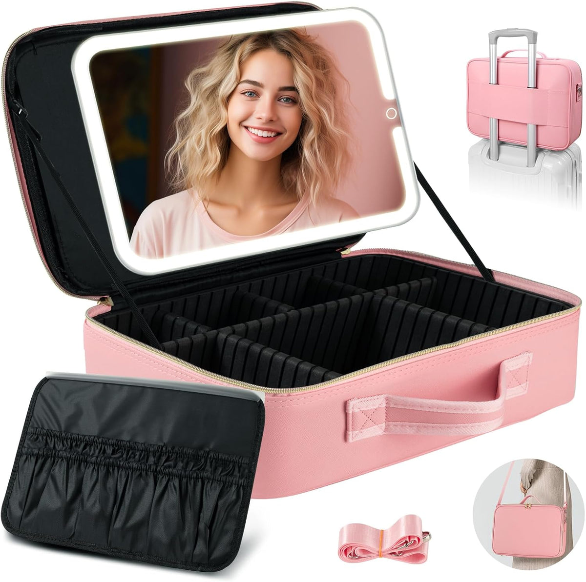 Upgraded Large Travel Makeup Bag with LED Mirror, 15” Makeup Case | With 3 Color Modes Dimming Lighted Mirror, Light up Cosmetic Make up Organizer, PU Leather Cover, Adjustable Dividers
