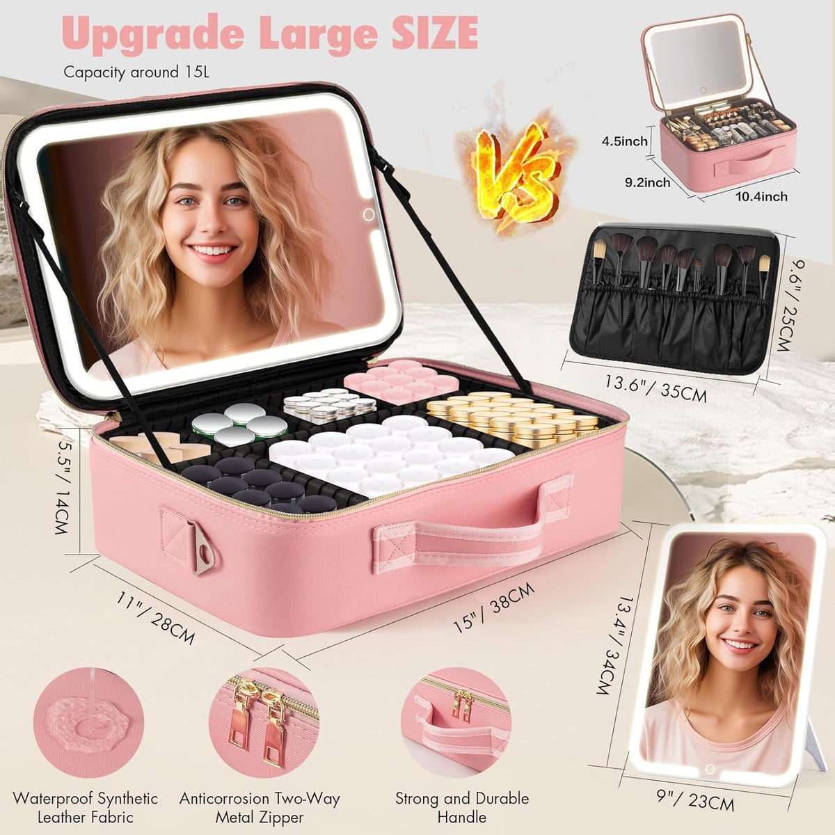 Upgraded Large Travel Makeup Bag with LED Mirror, 15” Makeup Case | With 3 Color Modes Dimming Lighted Mirror, Light up Cosmetic Make up Organizer, PU Leather Cover, Adjustable Dividers