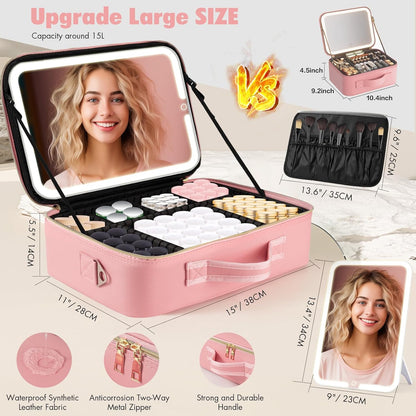 Upgraded Large Travel Makeup Bag with LED Mirror, 15” Makeup Case | With 3 Color Modes Dimming Lighted Mirror, Light up Cosmetic Make up Organizer, PU Leather Cover, Adjustable Dividers