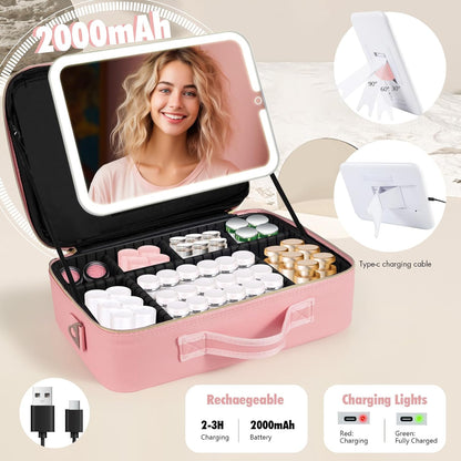 Upgraded Large Travel Makeup Bag with LED Mirror, 15” Makeup Case | With 3 Color Modes Dimming Lighted Mirror, Light up Cosmetic Make up Organizer, PU Leather Cover, Adjustable Dividers
