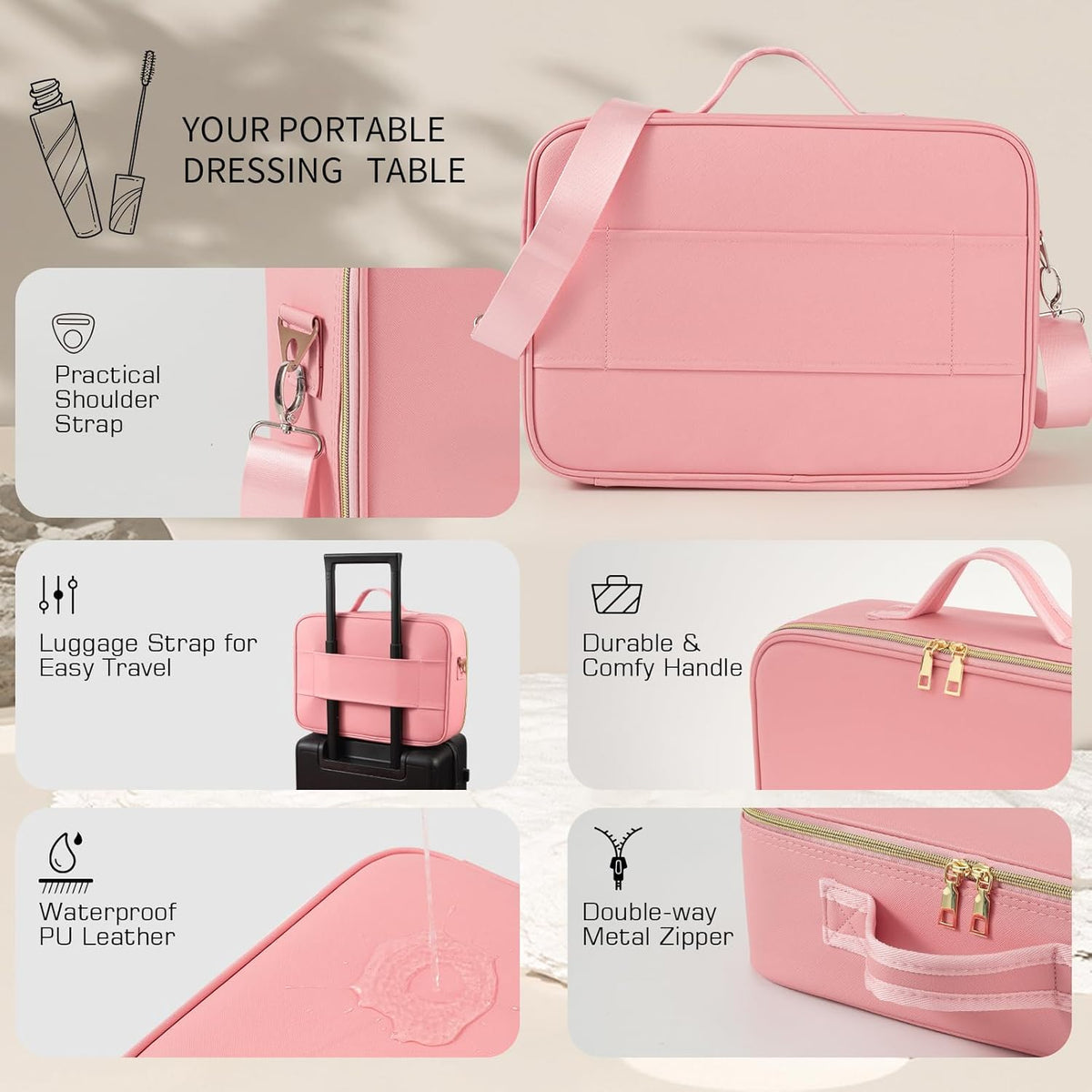 Upgraded Large Travel Makeup Bag with LED Mirror, 15” Makeup Case | With 3 Color Modes Dimming Lighted Mirror, Light up Cosmetic Make up Organizer, PU Leather Cover, Adjustable Dividers
