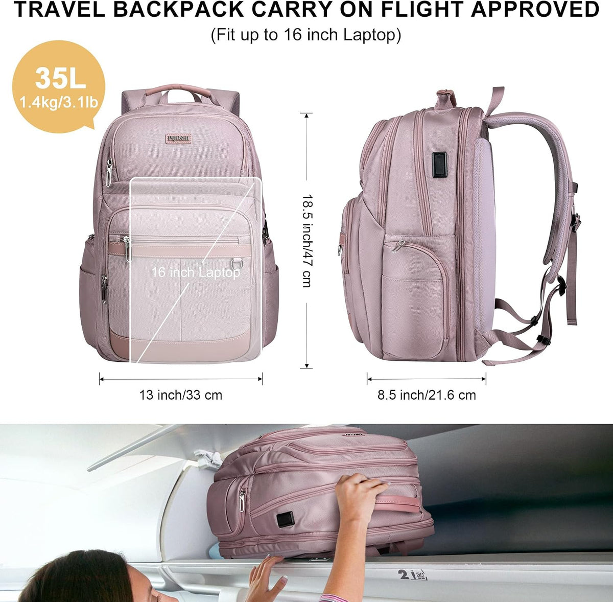 Anti-Theft Travel Backpack for Women TSA Friendly Flight Approved | Laptop Backpack With Hidden Tracker Pocket,180° Flat Open, USB Port, Fits 16" Laptop for Businiess, Daily