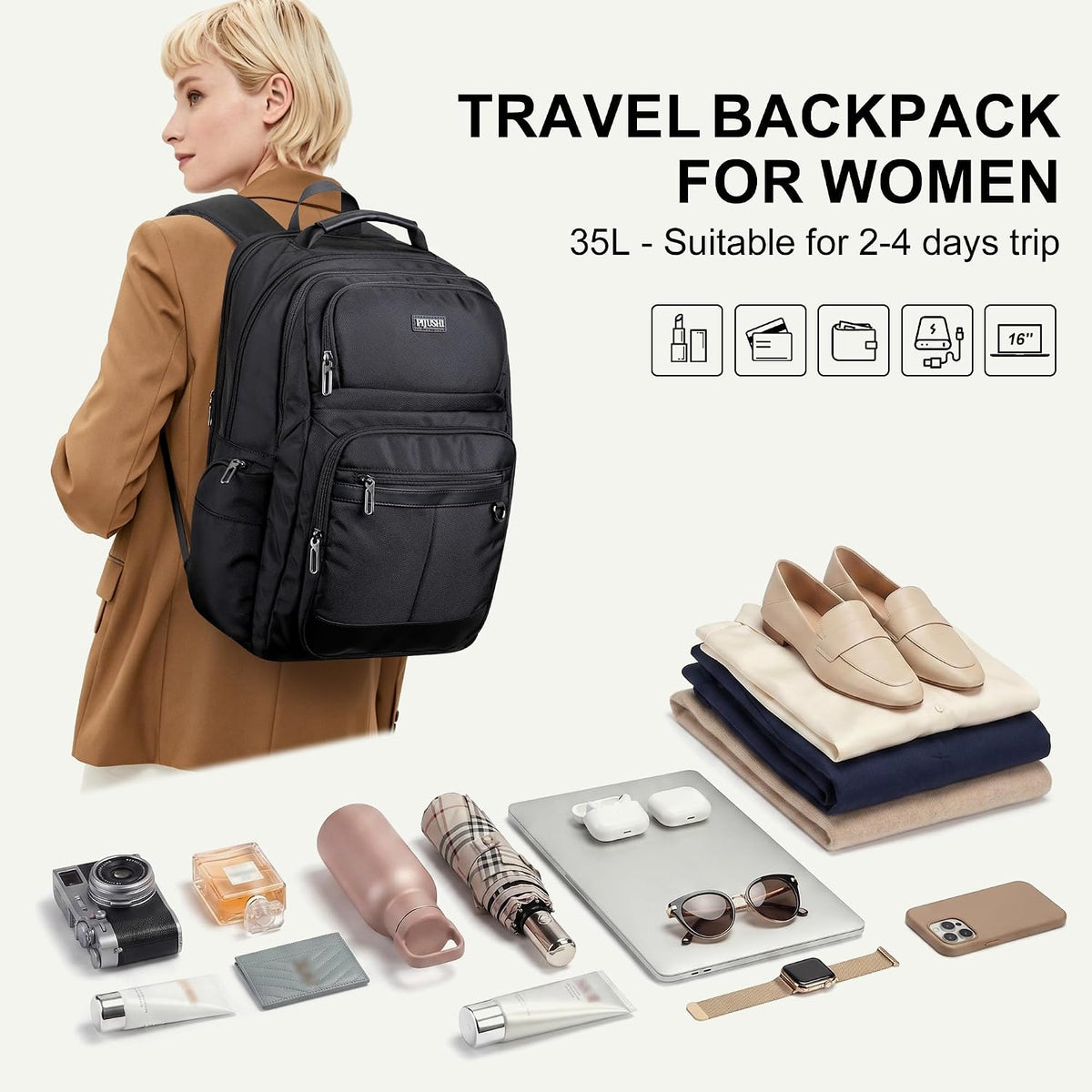 Anti-Theft Travel Backpack for Women TSA Friendly Flight Approved | Laptop Backpack With Hidden Tracker Pocket,180° Flat Open, USB Port, Fits 16" Laptop for Businiess, Daily
