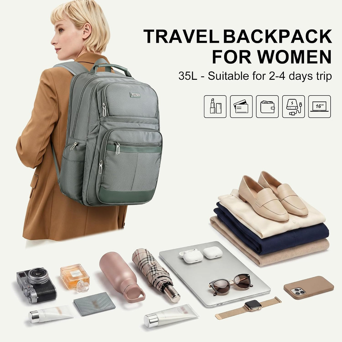 Anti-Theft Travel Backpack for Women TSA Friendly Flight Approved | Laptop Backpack With Hidden Tracker Pocket,180° Flat Open, USB Port, Fits 16" Laptop for Businiess, Daily
