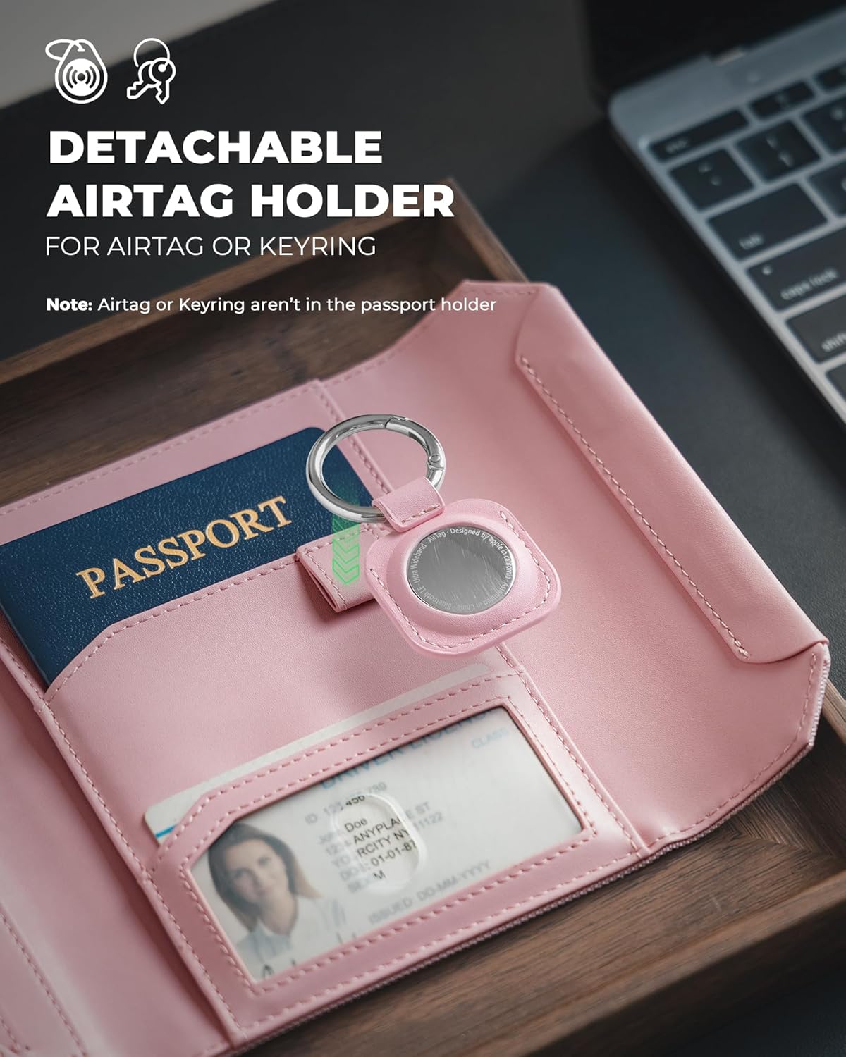 Passport Wallet with Detachable AirTag Holder, Vegan Leather Passport Holder, RFID Blocking, Travel Essential, Magnetic Closure, Pink