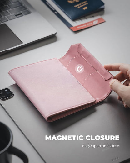 Passport Wallet with Detachable AirTag Holder, Vegan Leather Passport Holder, RFID Blocking, Travel Essential, Magnetic Closure, Pink