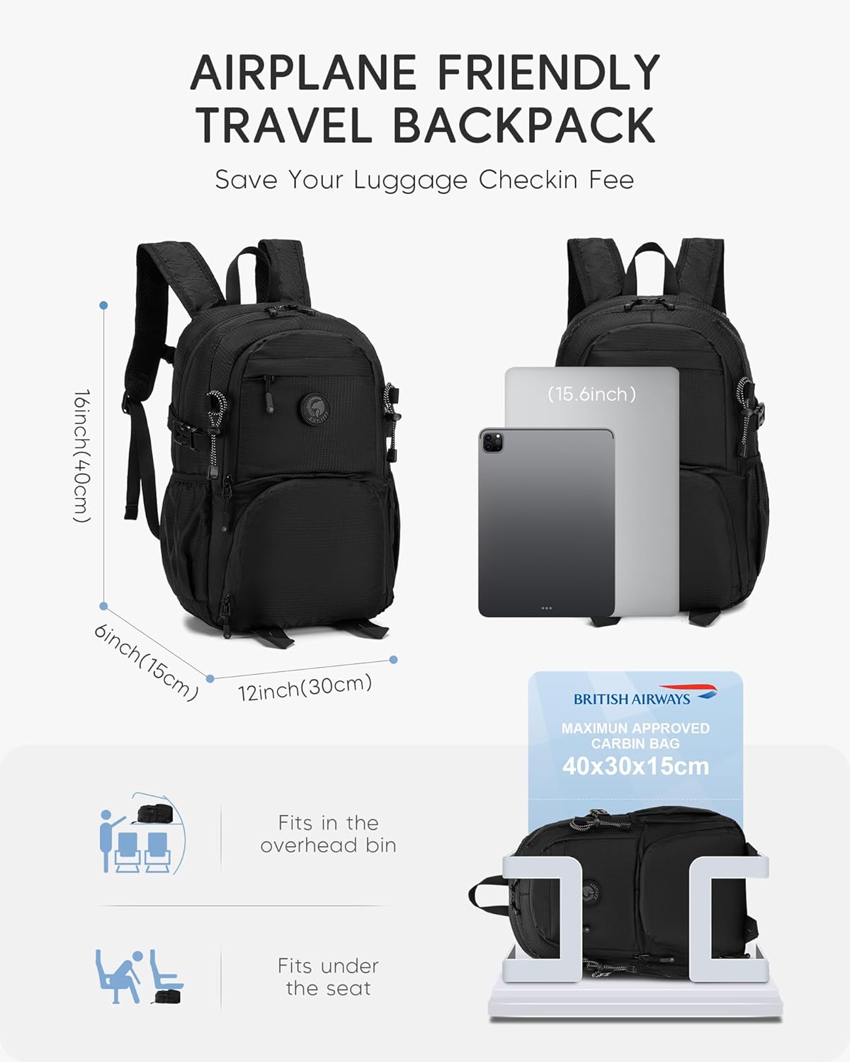 40x30x15 cm Personal Item Travel Bag,16x12x6 inch Small Carry On Backpack 20L, Flight Approved Underseat Travel Luggage Bag,Mochila de Viaje,Cabin Size Lightweight Black