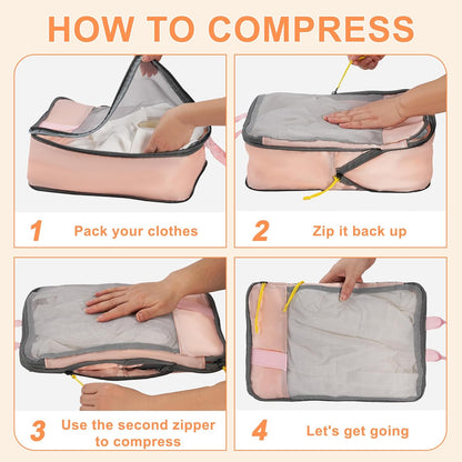 Packing Cubes for Travel, 7 Pcs Durable Water-Resistant Compression Packing Cubes and Lightweight Travel Packing Organizers with Portable Handle, Breathable Mesh, Double Zippers