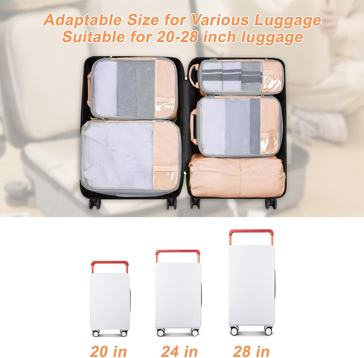Packing Cubes for Travel, 7 Pcs Durable Water-Resistant Compression Packing Cubes and Lightweight Travel Packing Organizers with Portable Handle, Breathable Mesh, Double Zippers