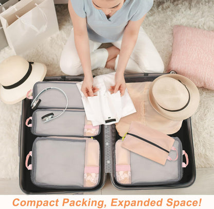 Packing Cubes for Travel, 7 Pcs Durable Water-Resistant Compression Packing Cubes and Lightweight Travel Packing Organizers with Portable Handle, Breathable Mesh, Double Zippers
