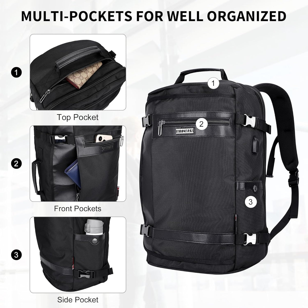 Travel Backpack for Men 40L Carry-on Luggage Bag USB Charging Port | Nylon Laptop Backpack Multi-pocket Fits 17 Inch, TSA Friendly Flight Approved, For Business Trip, Vacation, B686 Silvery Grey