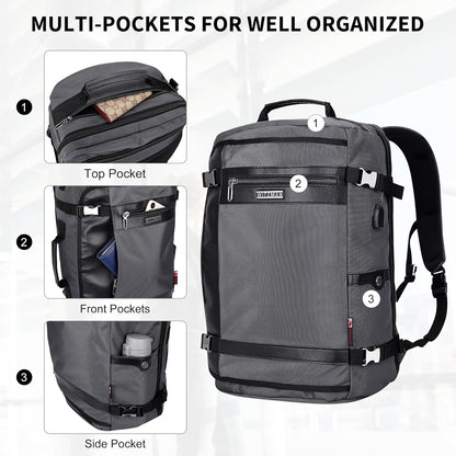 Travel Backpack for Men 40L Carry-on Luggage Bag USB Charging Port | Nylon Laptop Backpack Multi-pocket Fits 17 Inch, TSA Friendly Flight Approved, For Business Trip, Vacation, B686 Silvery Grey