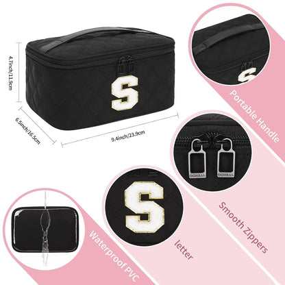 Makeup Bag for Women, Monogram Cosmetic Bag Black Travel Makeup Case Beauty Toiletry Bag Organizer Personalized Gifts for Girls Bridesmaid, Sister, Wife, Friends Initial S