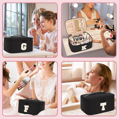 Makeup Bag for Women, Monogram Cosmetic Bag Black Travel Makeup Case Beauty Toiletry Bag Organizer Personalized Gifts for Girls Bridesmaid, Sister, Wife, Friends Initial S