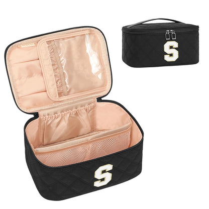 Makeup Bag for Women, Monogram Cosmetic Bag Black Travel Makeup Case Beauty Toiletry Bag Organizer Personalized Gifts for Girls Bridesmaid, Sister, Wife, Friends Initial S