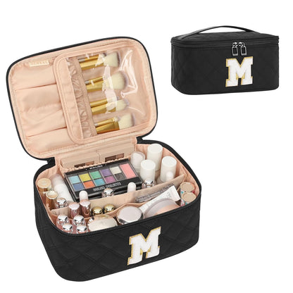 Makeup Bag for Women, Monogram Cosmetic Bag Black Travel Makeup Case Beauty Toiletry Bag Organizer Personalized Gifts for Girls Bridesmaid, Sister, Wife, Friends Initial S