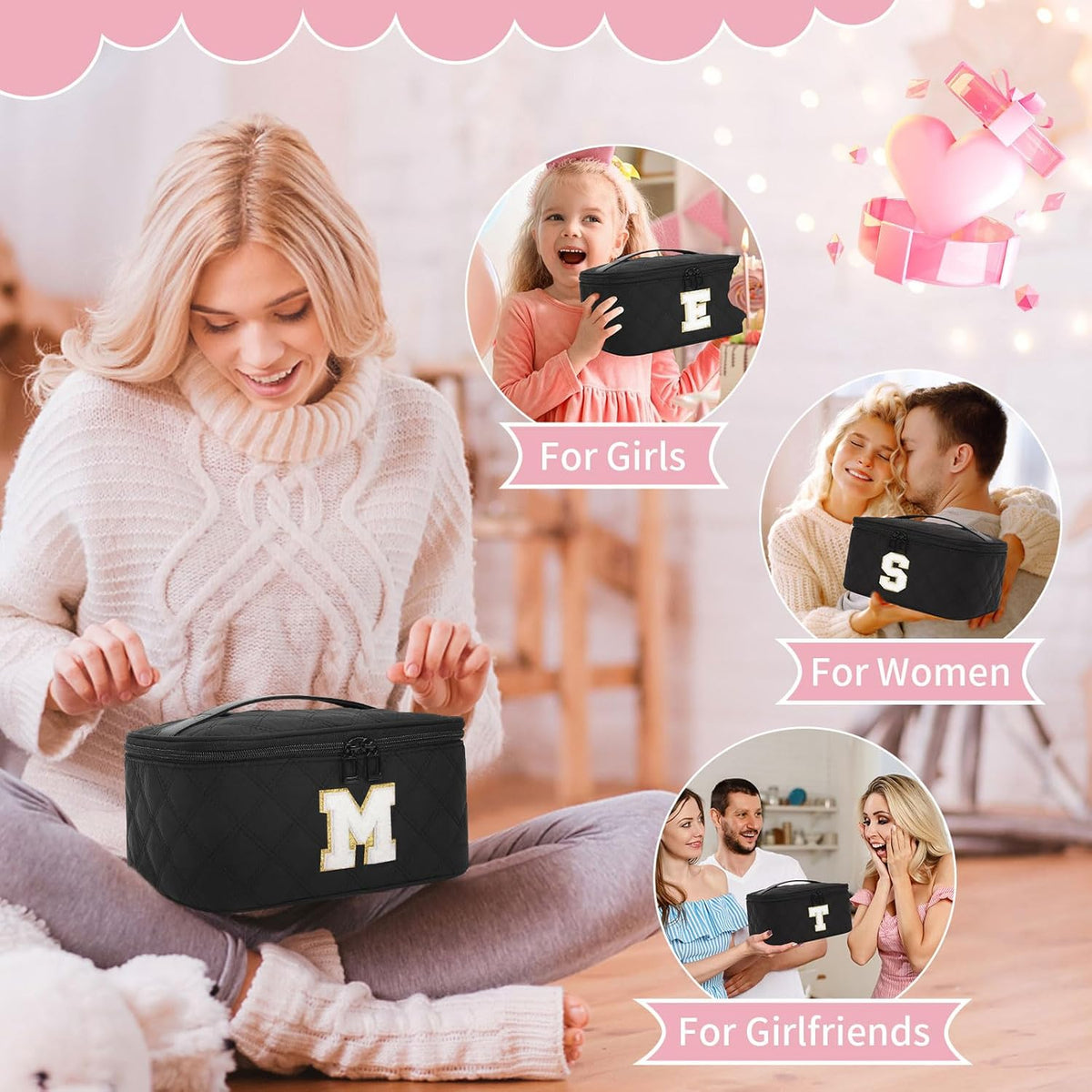 Makeup Bag for Women, Monogram Cosmetic Bag Black Travel Makeup Case Beauty Toiletry Bag Organizer Personalized Gifts for Girls Bridesmaid, Sister, Wife, Friends Initial S