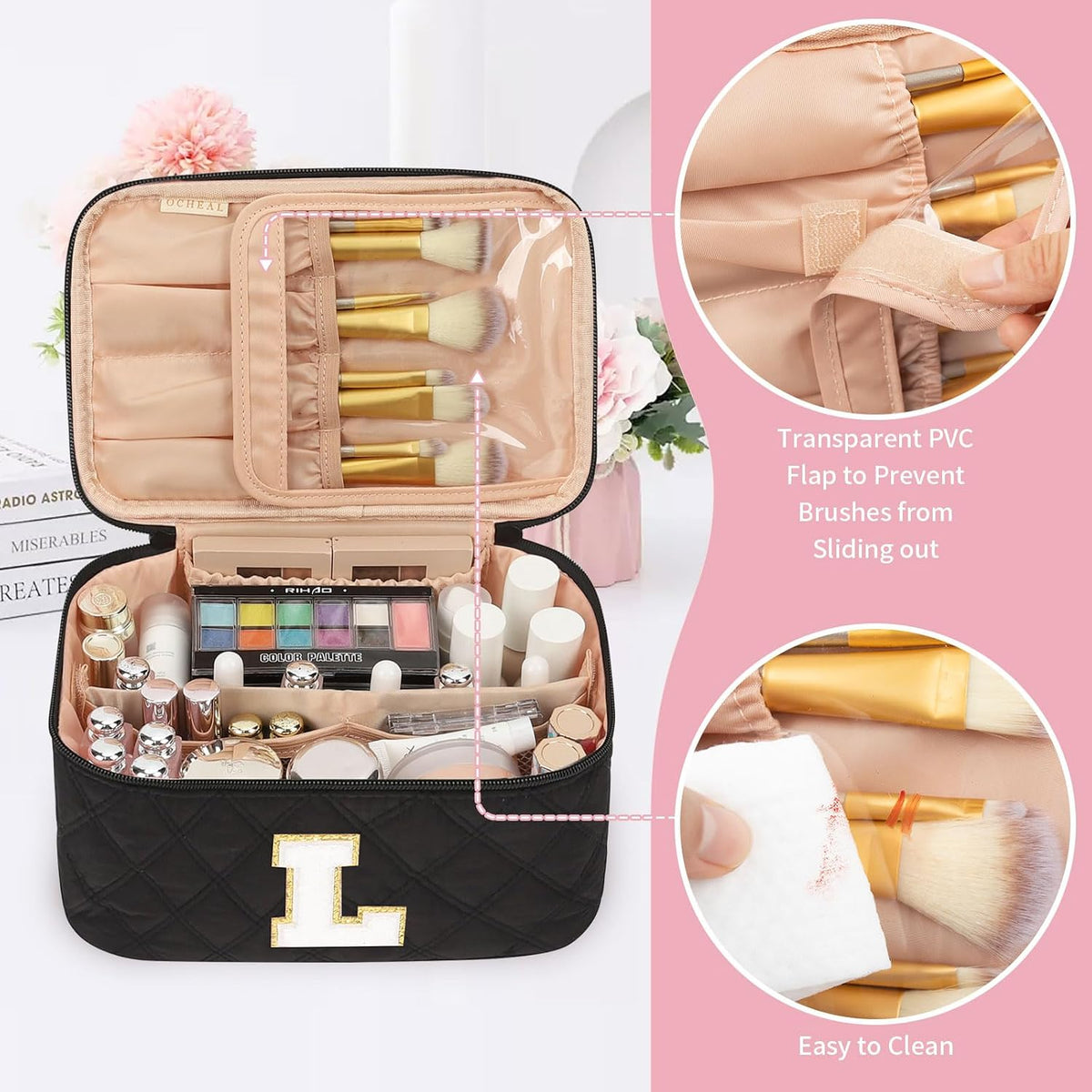 Makeup Bag for Women, Monogram Cosmetic Bag Black Travel Makeup Case Beauty Toiletry Bag Organizer Personalized Gifts for Girls Bridesmaid, Sister, Wife, Friends Initial S