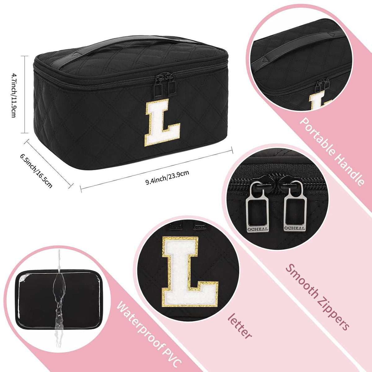 Makeup Bag for Women, Monogram Cosmetic Bag Black Travel Makeup Case Beauty Toiletry Bag Organizer Personalized Gifts for Girls Bridesmaid, Sister, Wife, Friends Initial S