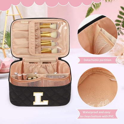 Makeup Bag for Women, Monogram Cosmetic Bag Black Travel Makeup Case Beauty Toiletry Bag Organizer Personalized Gifts for Girls Bridesmaid, Sister, Wife, Friends Initial S