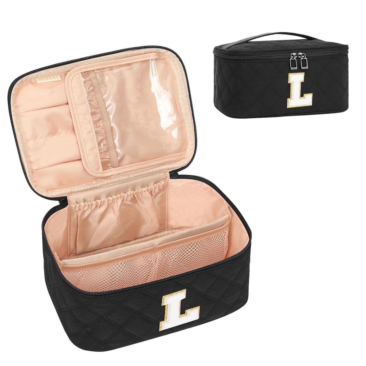 Makeup Bag for Women, Monogram Cosmetic Bag Black Travel Makeup Case Beauty Toiletry Bag Organizer Personalized Gifts for Girls Bridesmaid, Sister, Wife, Friends Initial S