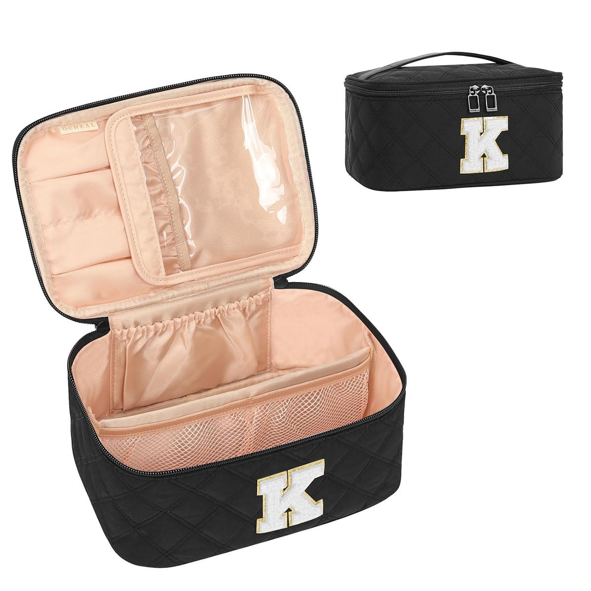 Makeup Bag for Women, Monogram Cosmetic Bag Black Travel Makeup Case Beauty Toiletry Bag Organizer Personalized Gifts for Girls Bridesmaid, Sister, Wife, Friends Initial S