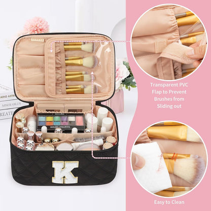 Makeup Bag for Women, Monogram Cosmetic Bag Black Travel Makeup Case Beauty Toiletry Bag Organizer Personalized Gifts for Girls Bridesmaid, Sister, Wife, Friends Initial S