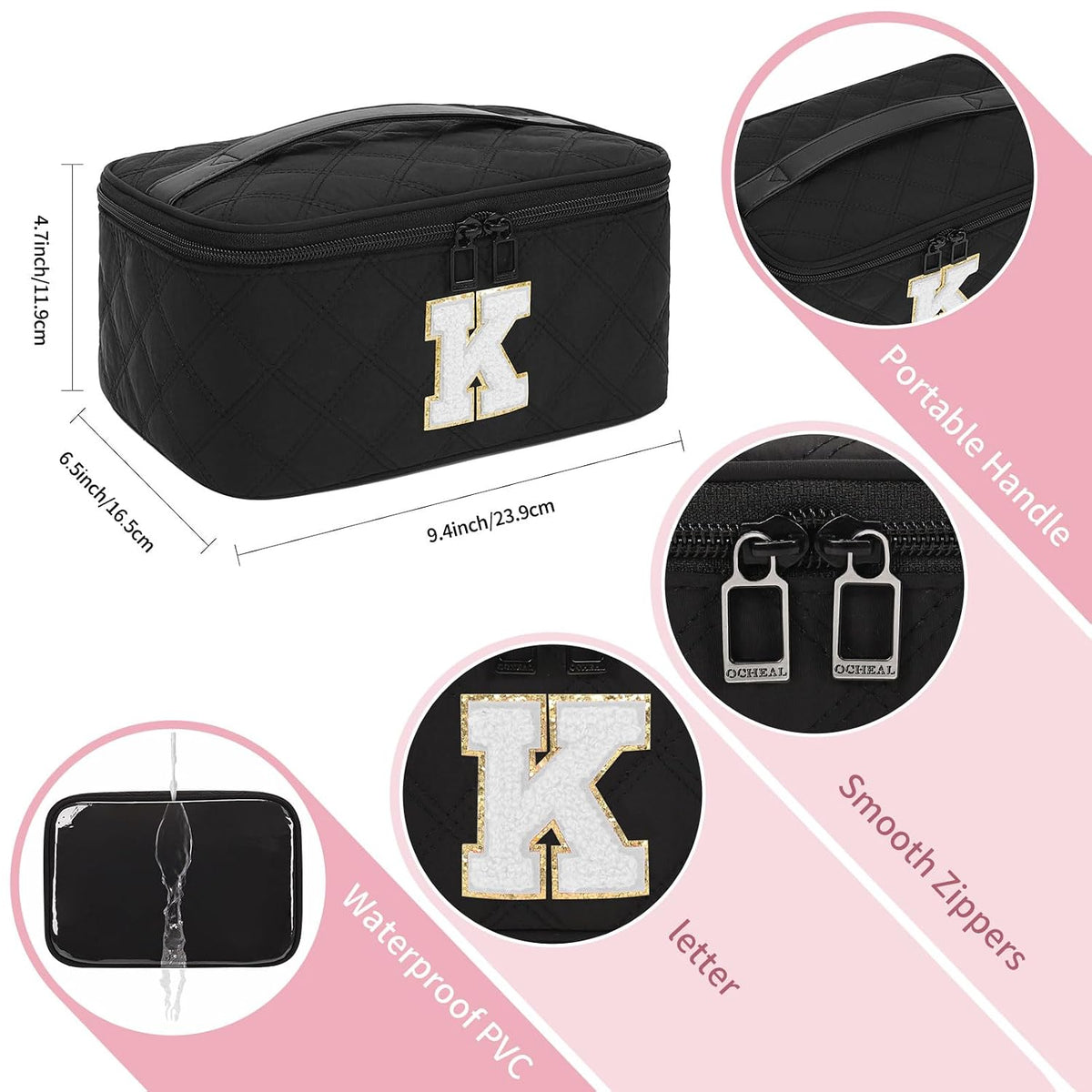 Makeup Bag for Women, Monogram Cosmetic Bag Black Travel Makeup Case Beauty Toiletry Bag Organizer Personalized Gifts for Girls Bridesmaid, Sister, Wife, Friends Initial S